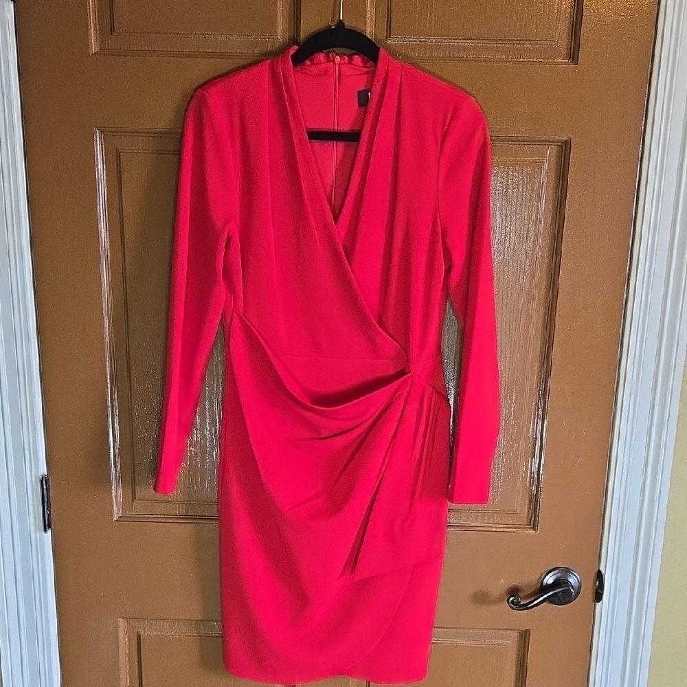 DKNY-Red V neck crepe stretchy long sleeved dress with draped skirt Sz 6